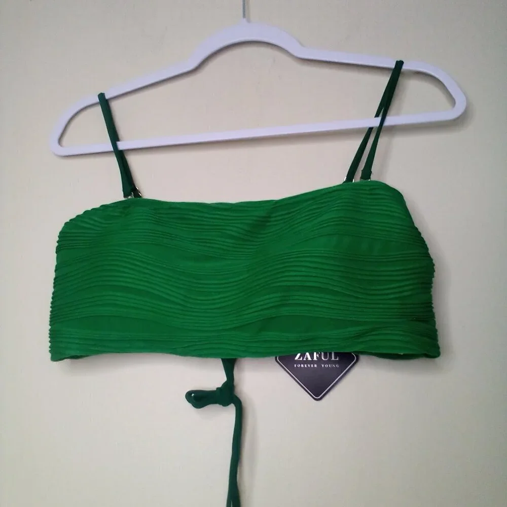 Zaful Swimsuit Bikini Women XL 2 Piece High Rise Ribbed Textured Green